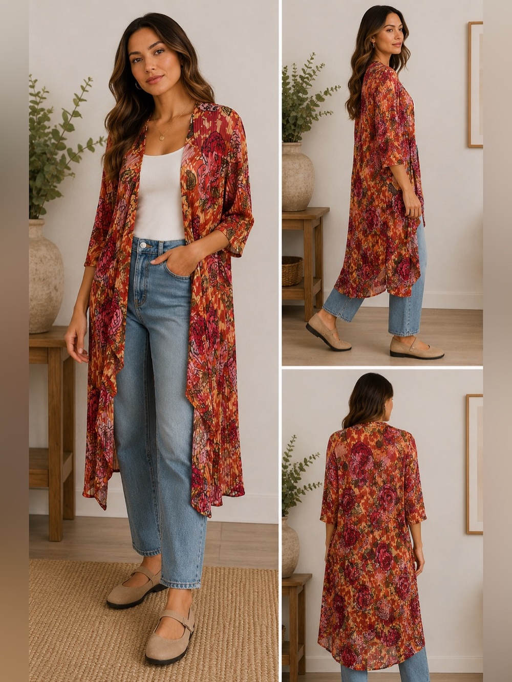 LuLaRoe Shirley Floral Kimono Duster Orange Pink Boho Large NWT